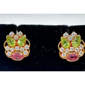 21K Earrings with white, Green, Pink Synthetic stones Screw Backs